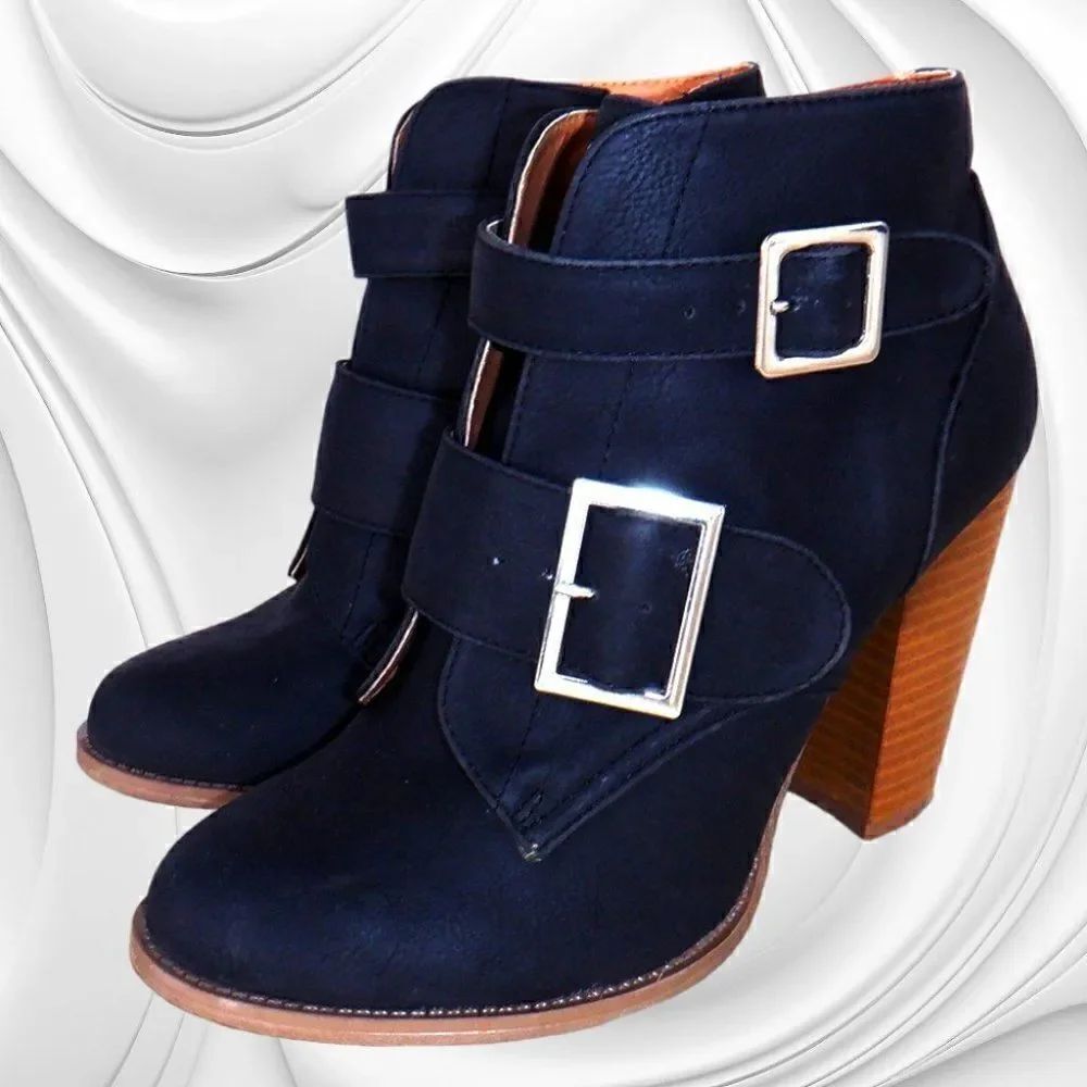 Qupid black ankle buckle heeled fallwear boots